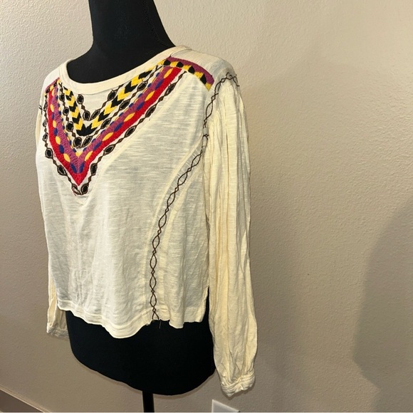 Free People XS Bohemian Cream Top with Multicolor Accents - Picture 2 of 7